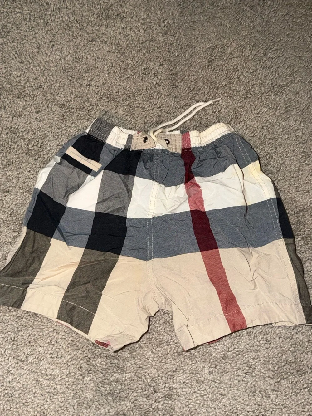 Burberry Boys Plaid Swim Trunks in Beige, Navy & Red